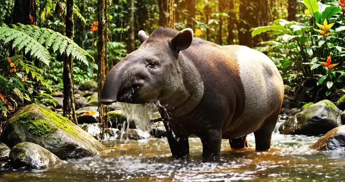 A tapir wades through a serene rainforest stream surrounded by lush greenery and vibrant flora