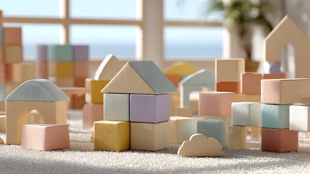 Wooden cube house on sandy beach with seashells and stacked cardboard blocks
