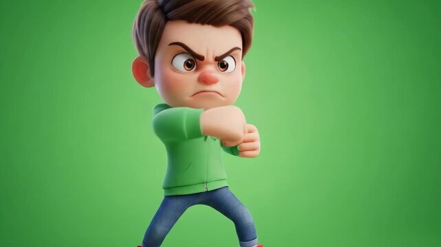 Animated character boy with angry expression and clenched fists on green background