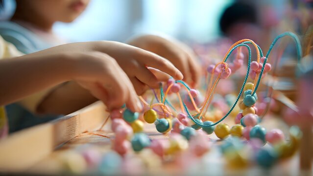 Close up of a hand holding colorful paper clips during a fun art and learning activity at a table