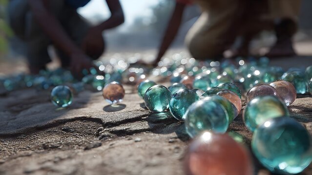 A close-up of a colorful glass bead necklace with shiny round gemstones in blue and green tones resembling decorative holiday ornaments