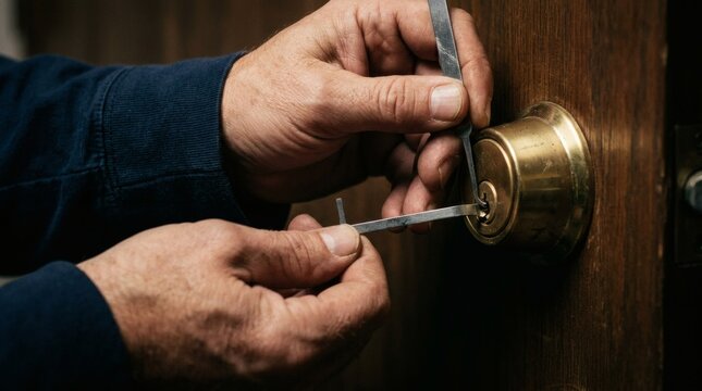 Professional locksmith inserting key into brass door lock in close-up detail