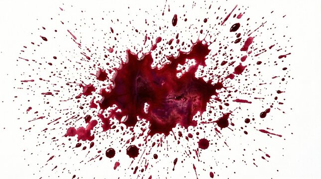 Splattered dark red liquid drops forming abstract patterns on a white background