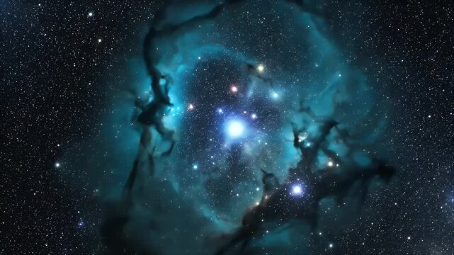 Stunning Turquoise Nebula Swirls with Bright Stars in Deep Space.