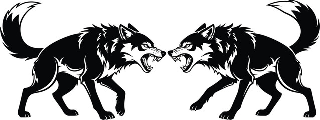 Aggressive black and white vector illustration of two snarling wolves facing each other in a standoff featuring sharp teeth and detailed fur textures on white background. © MstLata