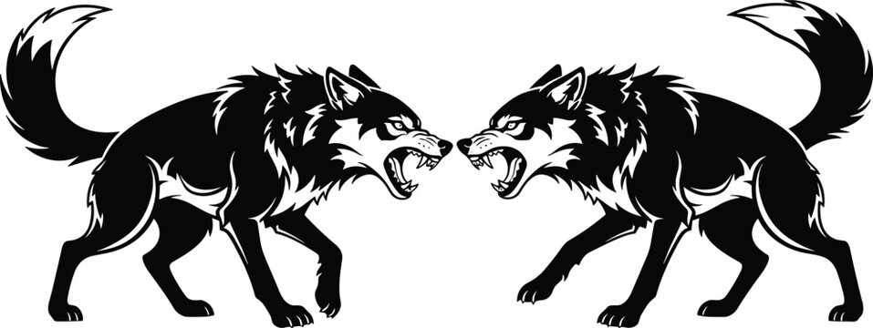 Aggressive black and white vector illustration of two snarling wolves facing each other in a standoff featuring sharp teeth and detailed fur textures on white background.