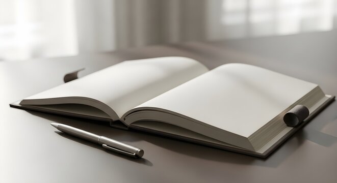 Open notebook with pen on desk blank pages for copy space background