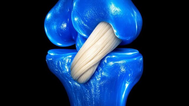 3D medical animation of a rotating human knee joint. Features a glowing blue neon skeletal structure with the Posterior Cruciate Ligament (PCL) highlighted in red in a futuristic style.
