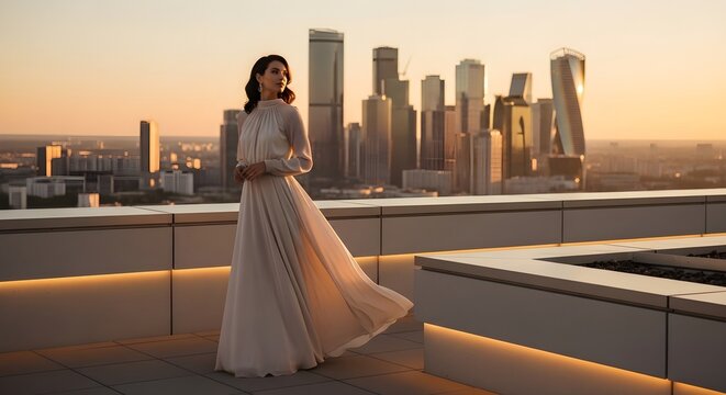 Woman in elegant dress on rooftop overlooking cityscape at sunset