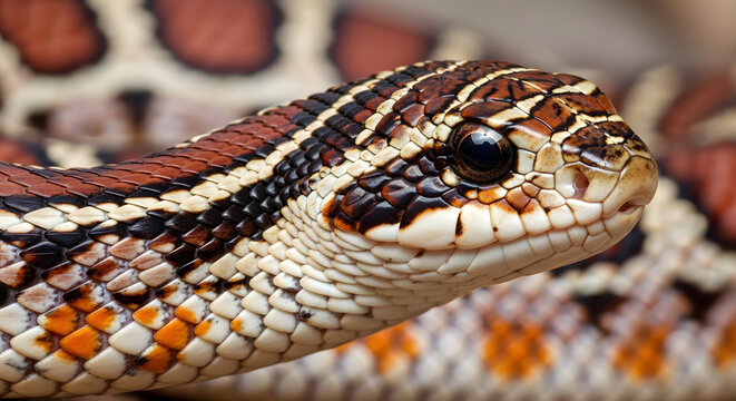 Close up portrait of a snake with beautiful brown and white scales
