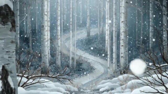 A winding path through a snow-covered forest with birch trees in winter