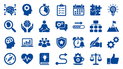 Fototapeta premium Collection of blue icons representing business strategy, innovation, planning, teamwork, and success concepts on a white background