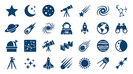 Collection of space and astronomy icons depicting celestial bodies rockets astronauts and telescopes for science and exploration concepts © Iconique Studio