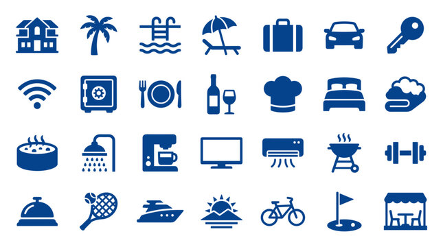 Collection of blue hotel and resort amenities icons representing services and facilities for vacationers and travelers