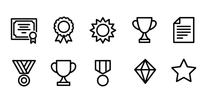 Collection of black outline and achievement on white background trophy medal certificate star diamond