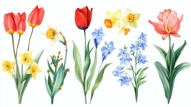 Watercolor botanical arrangement of spring flowers including red tulips, yellow daffodils, blue forget-me-nots and other small blossoms on white background