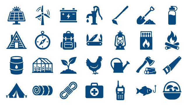 Survival and self sufficiency icons representing renewable energy, shelter, tools, and resources for outdoor living and preparedness