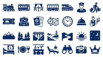 Obraz premium Collection of travel and vacation icons representing transportation accommodation activities and destinations for tourism and leisure