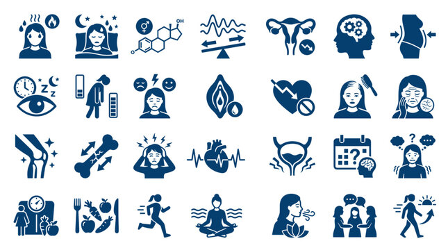 Collection of icons representing women's health issues and wellness solutions including sleep problems stress and exercise