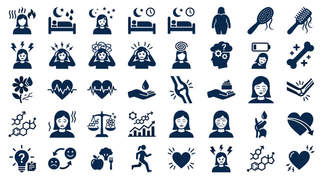 Collection of icons representing health wellness and mental state with symbols for stress sleep and energy balance
