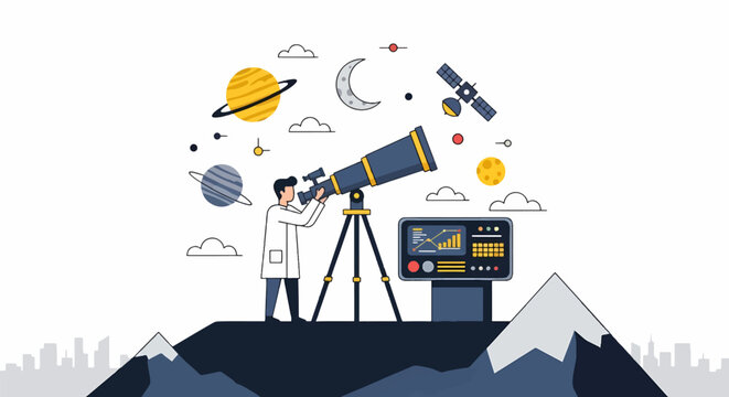 Astronomer Observing Celestial Bodies Through a Telescope in Space.