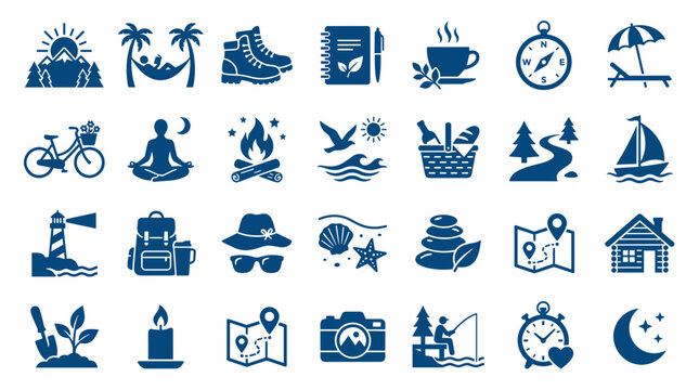 Collection of blue icons representing travel leisure outdoor activities and nature elements for web design and infographics