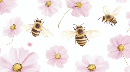 Fototapeta premium Four realistic bees flying among soft pink cosmos flowers on white background, bright and airy floral pattern