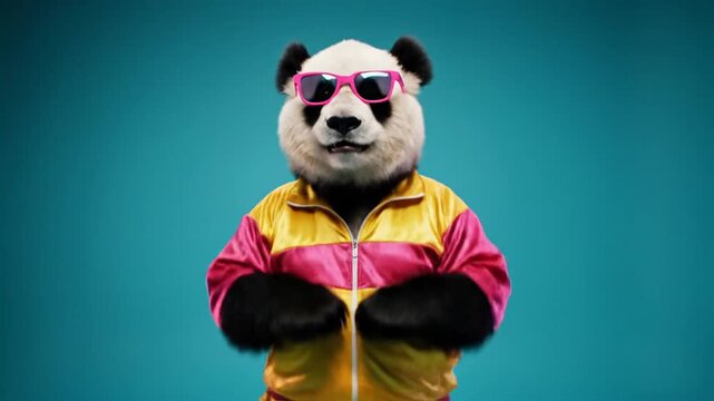 Energetic dancing bear in retro tracksuit and pink sunglasses