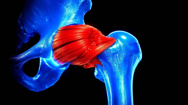 3D anatomical animation of pubofemoral ligament tension and movement. Glowing neon hip joint with red ligament tensing to demonstrate hip abduction limits and stability in a futuristic style.
