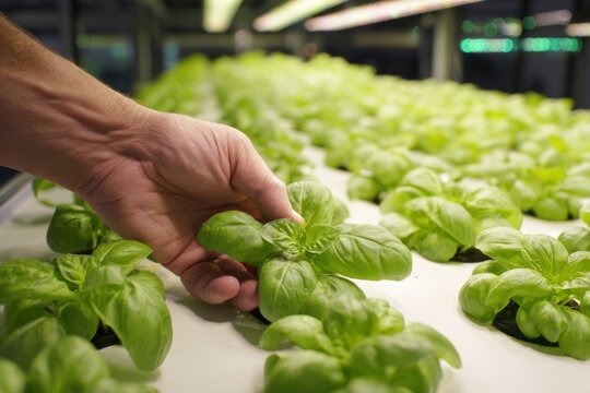 A hand is gently picking fresh basil from a vibrant, green hydroponic garden, showcasing healthy plant growth in a controlled environment.
