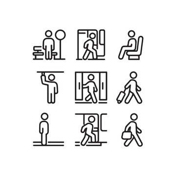 Public Transport and Commuter Actions Minimalist Black Line Icon Set