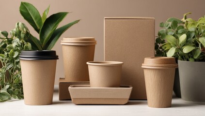 Fototapeta premium A collection of eco-friendly paper cups and containers with a backdrop of potted plants, highlighting sustainable packaging solutions.
