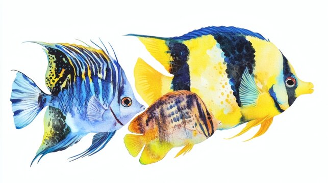 Watercolor-style seamless pattern of colorful tropical reef fish on white background