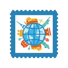 Obraz premium global travel and tourism concept with earth globe and landmarks vector illustration