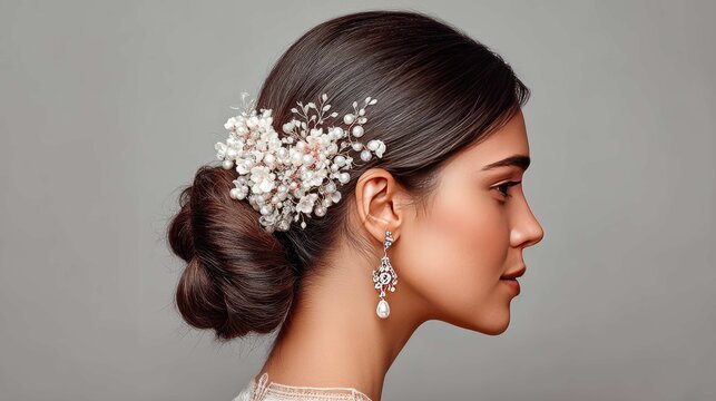 Elegant woman with sophisticated hairstyle adorned with floral hair accessory and elegant jewelry for bridal or fashion theme