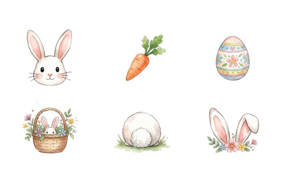 Set of 6 cute watercolor bunny and Easter icons isolated on white background
