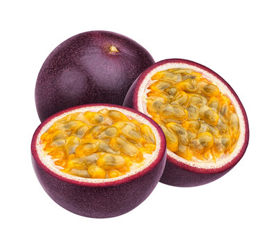 Fresh ripe purple passion fruit maracuya whole and cut halves isolated on transparent background. Juicy tropical diet