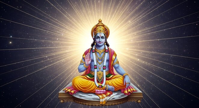 Hindu deity blue god meditating peacefully.