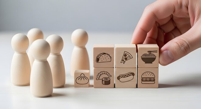 Hand selecting diverse food options represented by wooden blocks with various meal icons, symbolizing customer choices and culinary preferences in the restaurant business