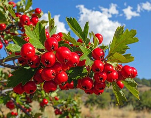 Obraz premium A close-up of vibrant red berries on a tree branch