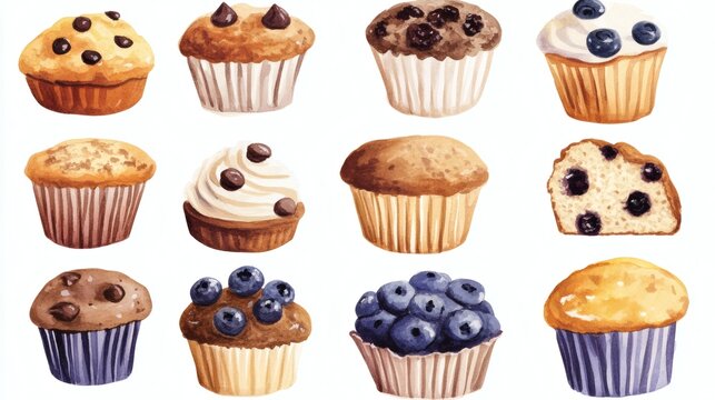 Watercolor illustration of assorted muffins and blueberries on white background