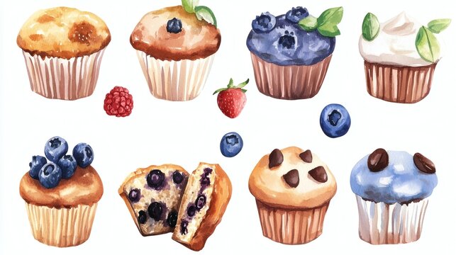 Watercolor illustration of assorted muffins and blueberries on white background