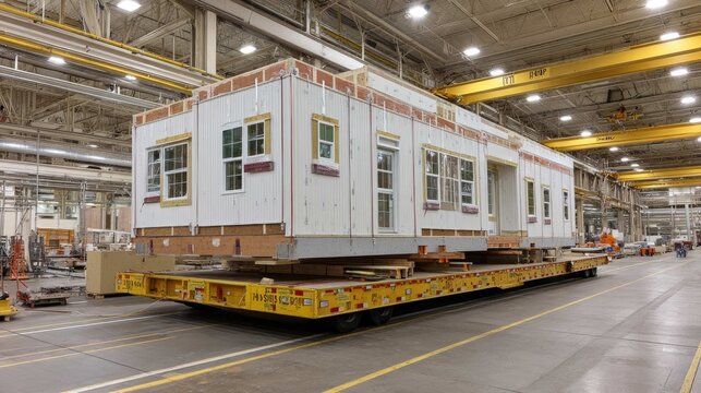 Modern mobile home on transport platform in industrial factory interior with bright lights and expansive floor space
