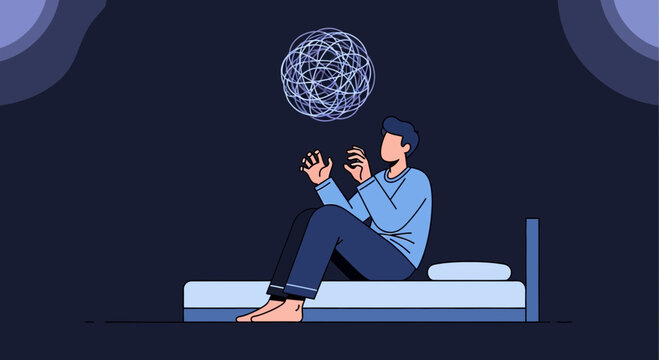 Man struggling with anxiety and overthinking, sitting on bed in dark room