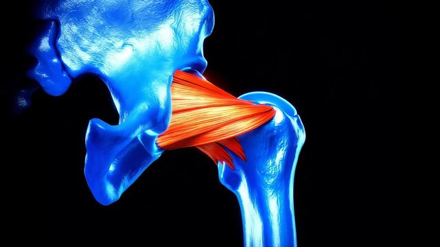 3D medical visualization of a rotating human hip joint. Glowing blue neon pelvic and femur bones with the pubofemoral ligament highlighted in red in a futuristic X-ray style
