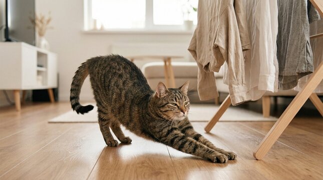 Cat stretching on wooden floor in cozy living room  