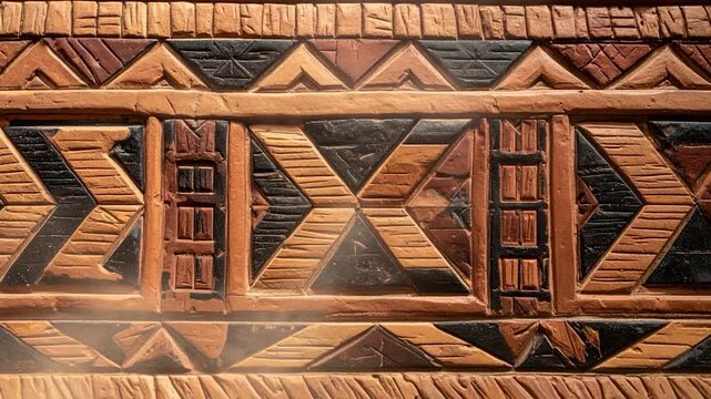 Carved, textured, geometric pattern with brown, black, and tan tones