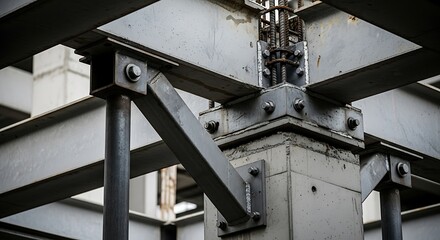 Steel framework with metal beams and bolts