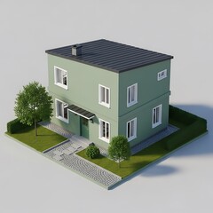 Stylized two-story house with greenery, offering a peaceful ambiance