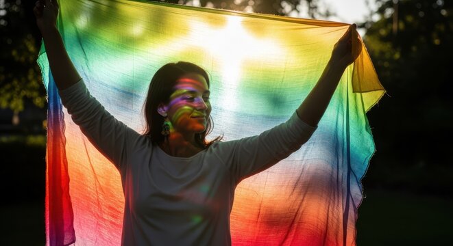 Woman holding a rainbow flag with colorful face paint outdoors in sunlight